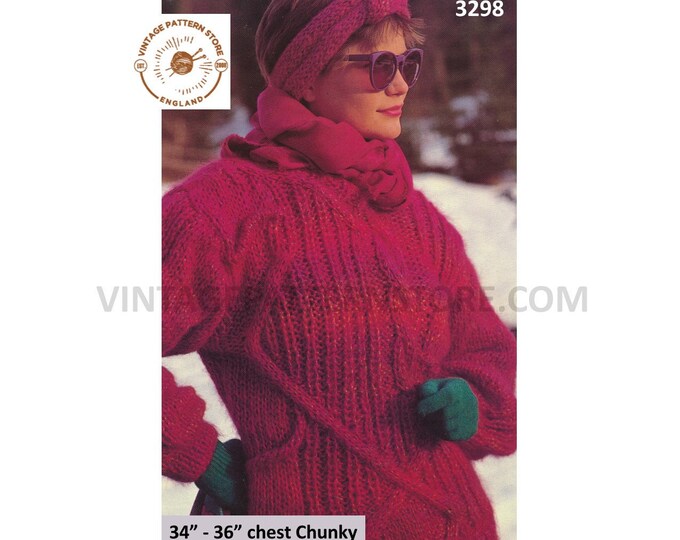 Ladies Womens 80s round neck cabled cable rib chunky knit drop shoulder dolman sweater jumper pdf knitting pattern 34" to 36" Download 3298