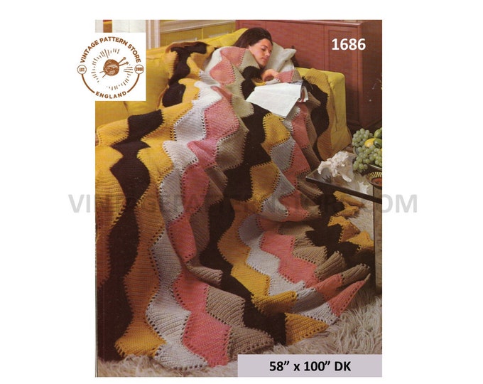 70s Vintage easy to crochet extra large DK afghan throw pdf crochet pattern 58" x 100" Instant PDF download 1686