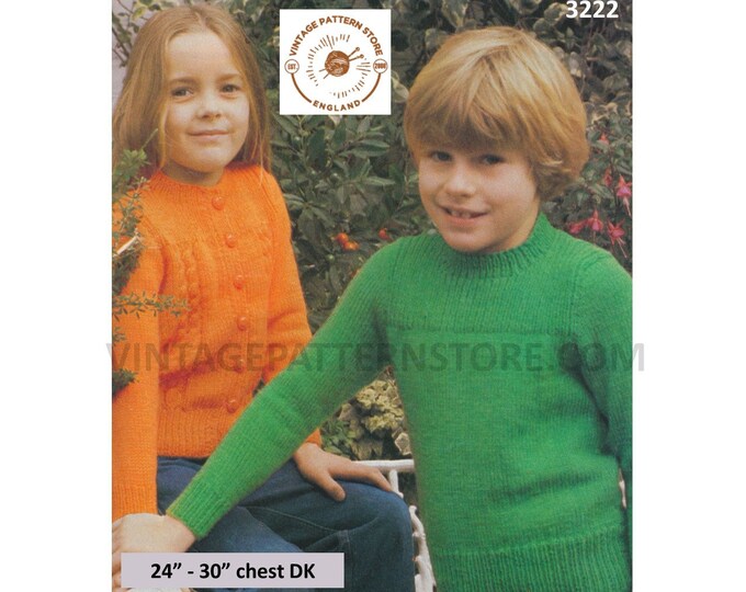 Boys Girls 70s easy to knit DK round neck cable panel cabled cardigan & contrast yoke sweater pdf knitting pattern 24" to 30" Download 3222