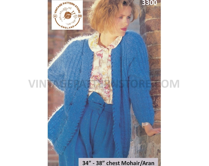 Ladies Womens 80s vintage round neck long line drop shoulder aran or mohair dolman cardigan pdf knitting pattern 34" to 38" Download 3300