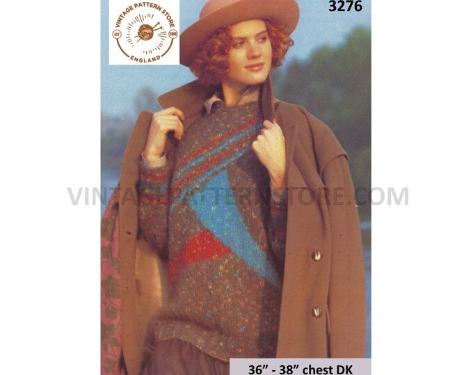 Womens Ladies 80s vintage diagonal striped intarsia colour blocked DK sweater jumper pdf knitting pattern 36" to 38" chest PDF Download 3276