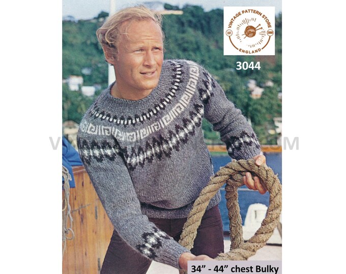 Mens Mans 80s vintage chunky knit crew neck fair isle yoke yoked raglan sweater jumper pdf knitting pattern 34" to 44" chest Download 3044