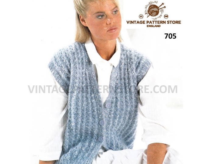 Womens Ladies 90s simple and easy to knit V neck cap sleeve ribbed rib aran waistcoat pdf knitting pattern 32" to 40" chest PDF download 705