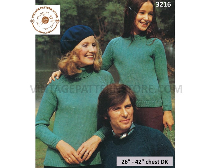 Ladies Womens Mens Boys Girls 70s family DK polo or round neck easy to knit sweater jumper pdf knitting pattern 26" to 42" Download 3216