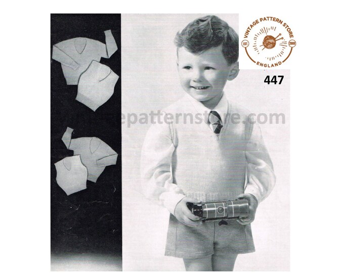 Boys 50s vintage easy to knit 3 ply V neck jumper & sleeveless sweater vest tank top pdf knitting pattern ages 1 to 5 Instant Download 447