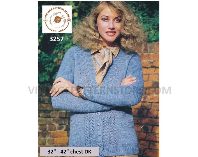 Ladies Womens 80s vintage DK V neck lace panel lacy raglan cardigan pdf knitting pattern 32" to 42" chest Instant PDF download 3257