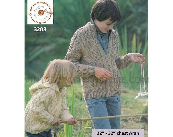 Childrens Boys Girls 80s vintage V neck cabled cable panel raglan aran hoodie jacket pdf knitting pattern 22" to 32" chest PDF download 3203