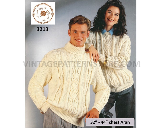 Womens Ladies Mens 90s polo or crew neck cable cabled aran raglan sweater jumper pdf knitting pattern 32" to 44" chest PDF download 3213