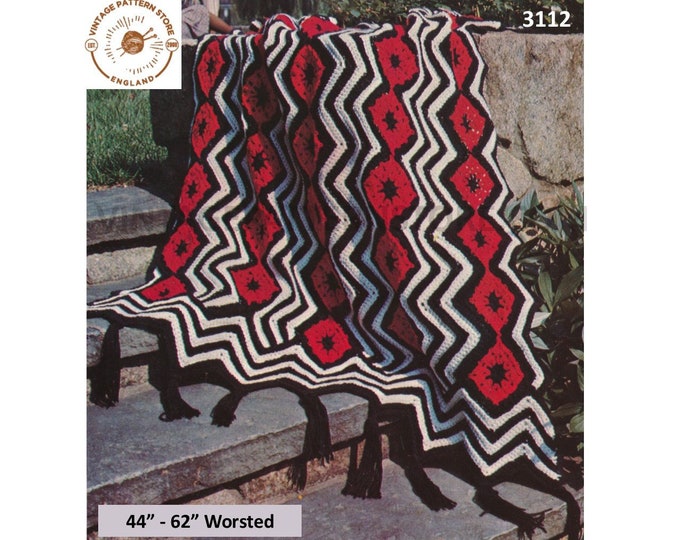 70s vintage worsted zigzag striped and diamond afghan throw pdf crochet pattern 44" by 62"  Instant PDF download 3112