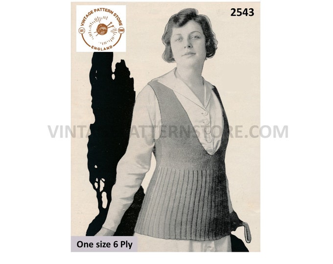 Ladies Womens vintage Edwardian 6 ply scoop neck deep ribbed welt sleeveless slipover sweater vest pdf knitting pattern PDF download 2543
