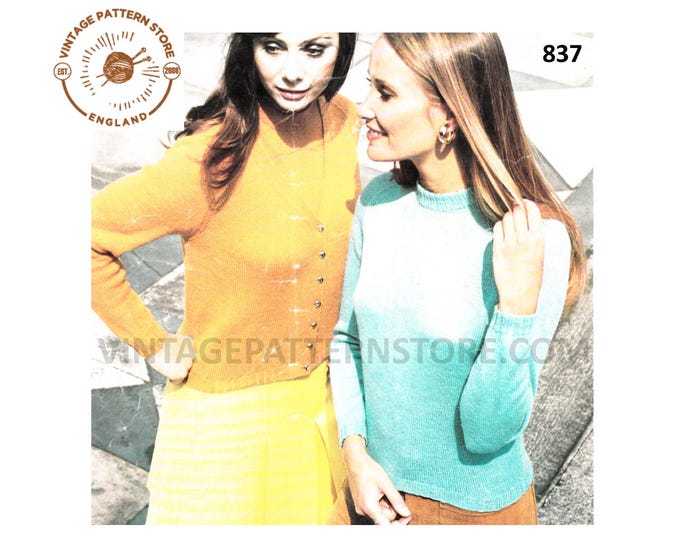 Ladies Womens 70s easy to knit 2 ply round neck raglan sweater & V neck cardigan twin set pdf knitting pattern 34" to 40" PDF download 837