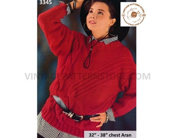 Womens Ladies 80s crew neck chunky knit drop shoulder cable cabled aran dolman sweater jumper pdf knitting pattern 32" to 38" Download 3345