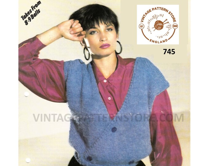 Ladies Womens 90s easy to knit V neck crossover cap sleeve DK slipover sweater vest Summer top pdf knitting pattern 28" to 42" Download 745