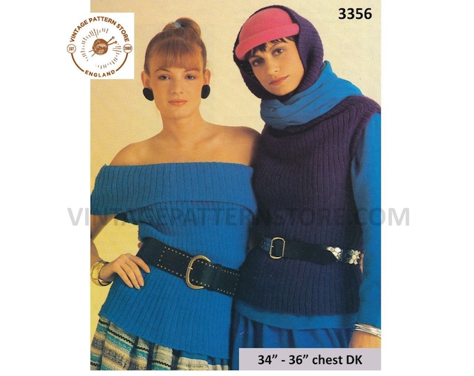 Ladies Womens 80s vintage DK off shoulder rib ribbed slipover sweater vest Summer top pdf knitting pattern 34" to 36" bust PDF Download 3356