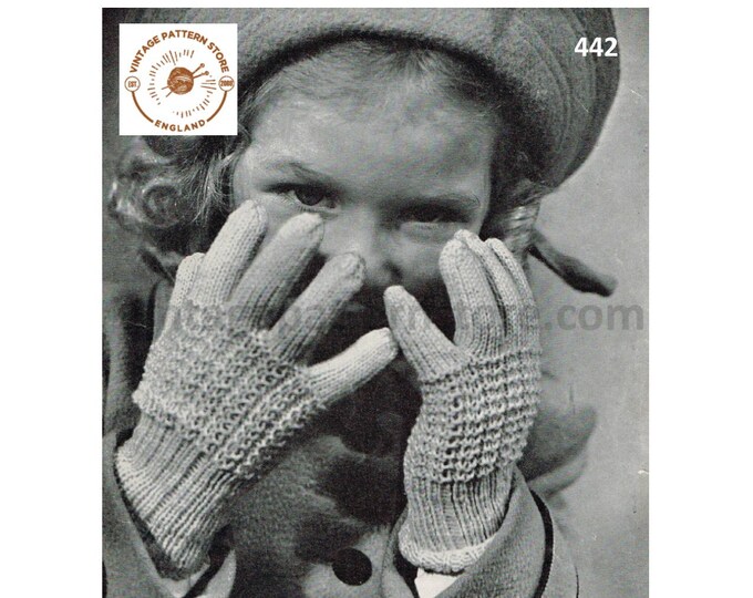 Childrens Girls Boys 40s vintage 3 ply cable cabled gloves pdf knitting pattern ages 2 to 12 years Instant PDF Download 442