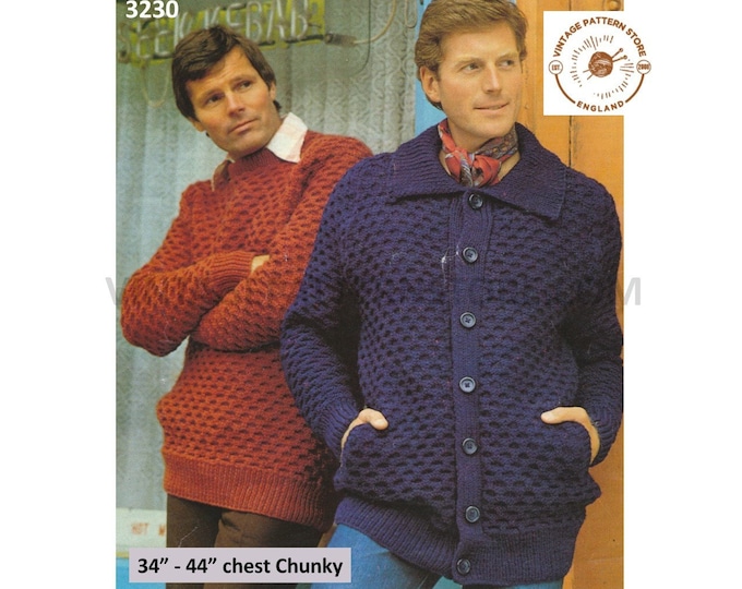 Mens Mans 70s vintage chunky knit textured crew neck raglan sweater jumper & collared jacket pdf knitting pattern 34" to 44" Download 3230