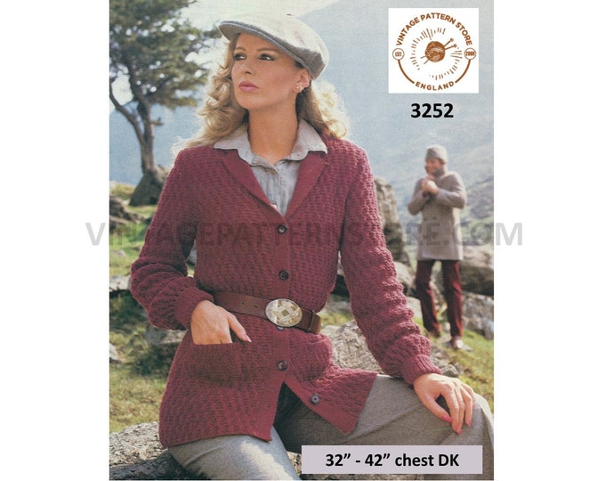 Womens Ladies 80s vintage DK V neck shawl collar texture textured raglan cardigan jacket pdf knitting pattern 32" to 42" bust Download 3252