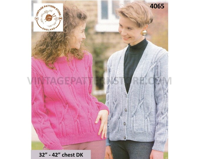 Ladies Womens 90s round neck cable cabled raglan DK sweater and V neck cardigan pdf knitting pattern 32" to 44" Chest Instant download 4065