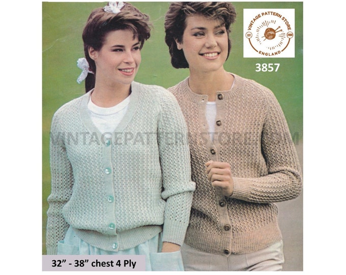 Ladies Womens 70s vintage 4 ply V or round neck rib ribbed raglan cardigan pdf knitting pattern 32" to 38" Instant PDF download 3857
