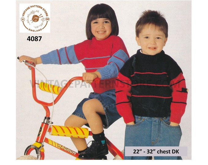 Boys Girls Toddlers 90s crew neck striped drop shoulder easy to knit DK dolman sweater jumper pdf knitting pattern 22" to 32" download 4087