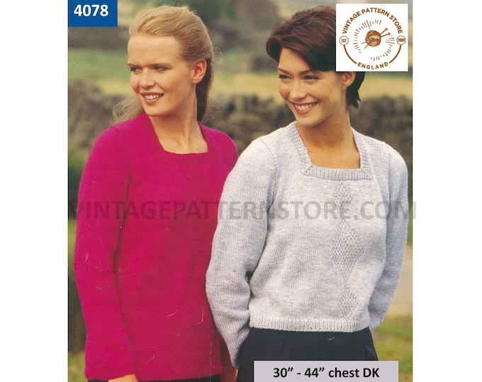 Ladies Womens 90s square neck textured diamond panel raglan DK sweater jumper pullover pdf knitting pattern 30" to 44" chest download 4078