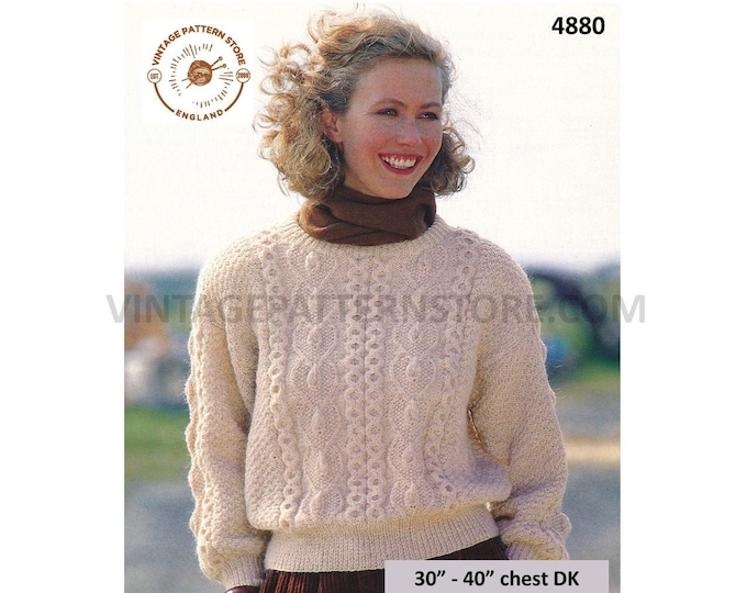 Womens Ladies 90s DK round neck cable cabled drop shoulder dolman sweater jumper pdf knitting pattern 30" to 40" Instant PDF Download 4880