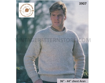 Mens Mans 90s simple and easy to knit crew neck raglan aran sweater jumper pullover pdf knitting pattern 36" to 44" PDF download 3907