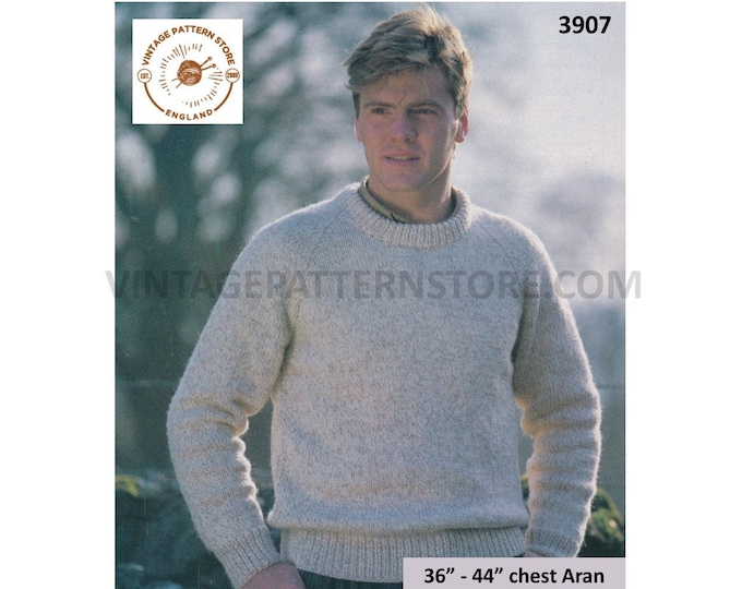 Mens Mans 90s simple and easy to knit crew neck raglan aran sweater jumper pullover pdf knitting pattern 36" to 44" PDF download 3907