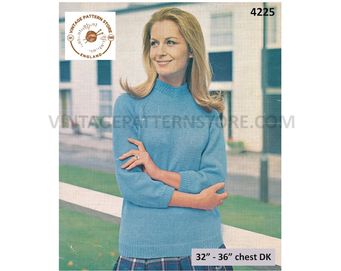 Ladies Womens 70s vintage quick simple and easy to knit DK crew neck raglan sweater jumper pdf knitting pattern 32" to 36" Download 4225