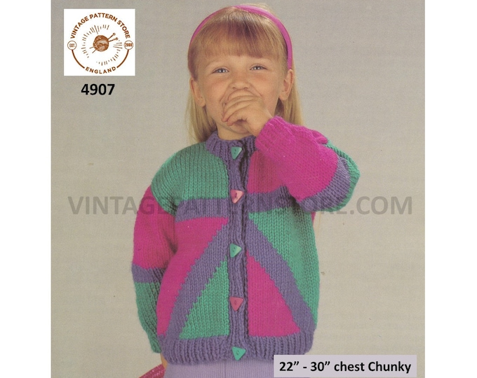 Girls Toddlers 90s chunky knit geometric colour blocked drop shoulder raglan cardigan pdf knitting pattern 22" to 30" Download 4907