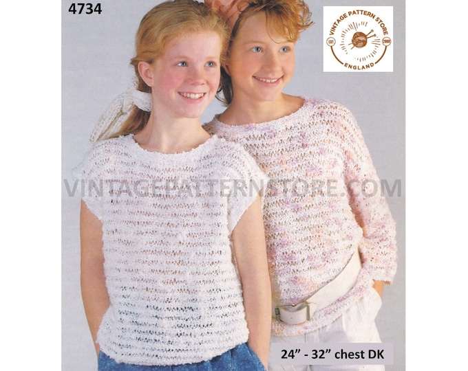 Girls 90s easy to knit round neck drop shoulder DK dolman jumper & sleeveless sweater vest pdf knitting pattern 24" to 32" Download 4734