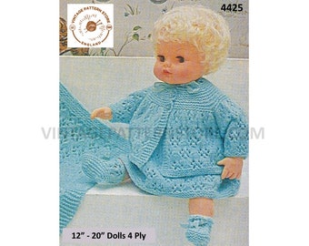 80s vintage 12" 14" 16" 18" 20" 4 ply baby doll clothes dress matinee coat bootees shawl layette pram set pdf knitting pattern Download 4425