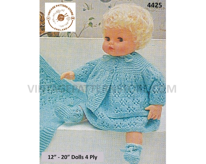 80s vintage 12" 14" 16" 18" 20" 4 ply baby doll clothes dress matinee coat bootees shawl layette pram set pdf knitting pattern Download 4425