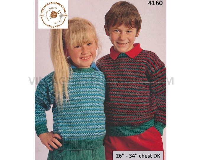 Boys Girls 90s round neck multi coloured striped drop shoulder DK dolman sweater jumper pdf knitting pattern 26" to 34" PDF Download 4160