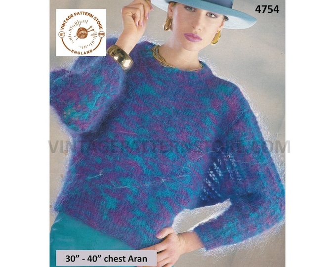 Ladies Womens 90s easy to knit round neck batwing sweater jumper with lacy lace sleeves pdf knitting pattern 30" to 40" PDF Download 4754