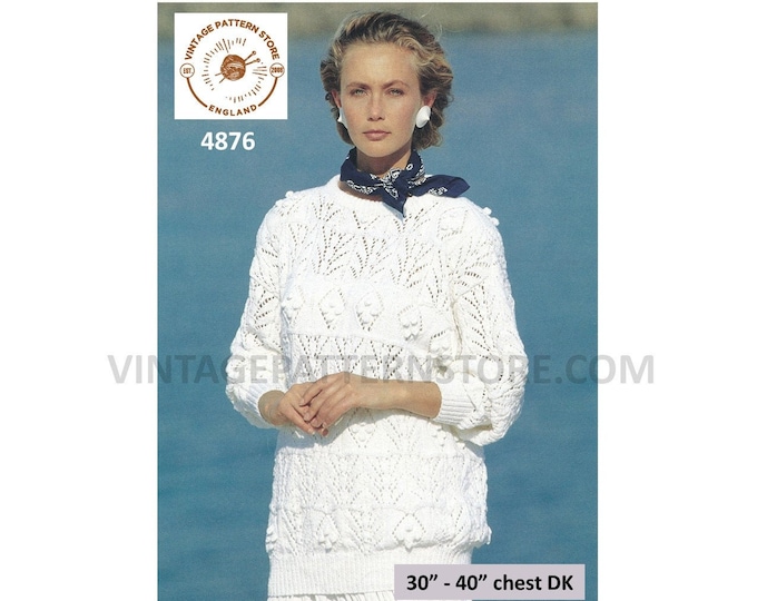 Womens 90s DK round neck bobble cable & lace lacy drop shoulder long line dolman sweater pdf knitting pattern 30" to 40" Download 4876