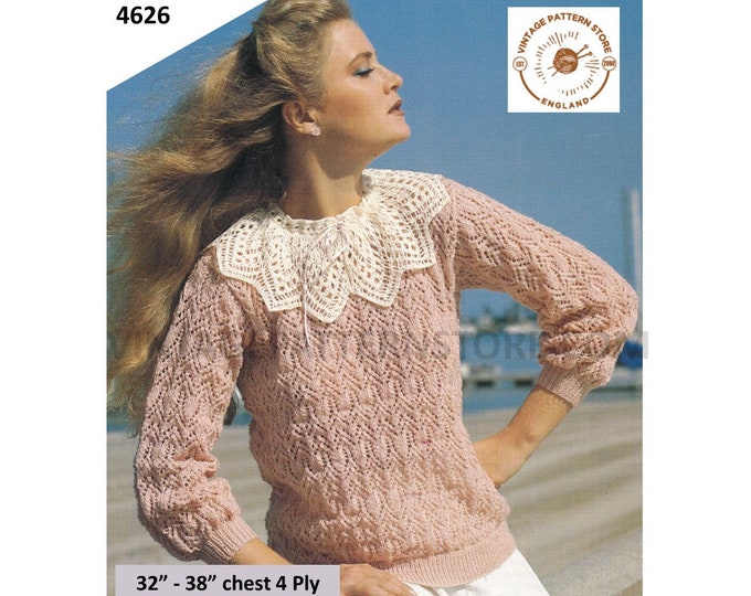 Ladies Womens 80s vintage 4 ply round neck lacy collar eyelet lace raglan sweater jumper pdf knitting pattern 32" to 38" Download 4626