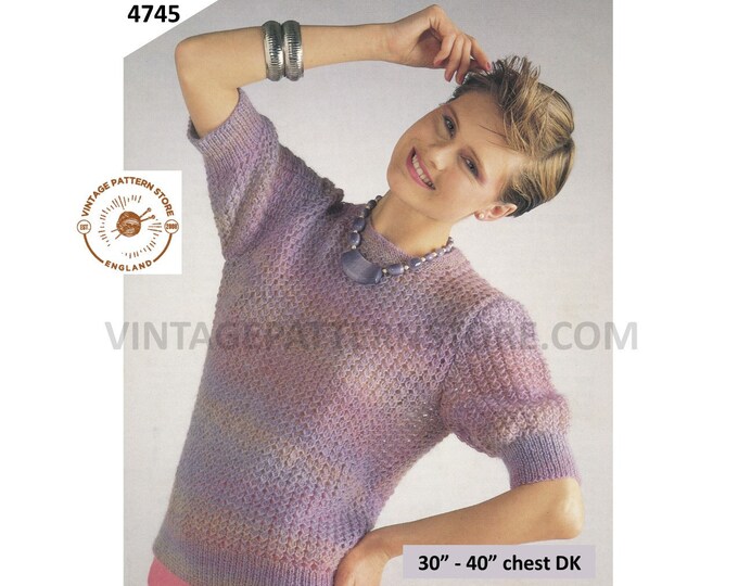 Womens Ladies 90s short sleeve quick & easy to knit round neck DK raglan Summer sweater jumper pdf knitting pattern 30" to 40" Download 4743