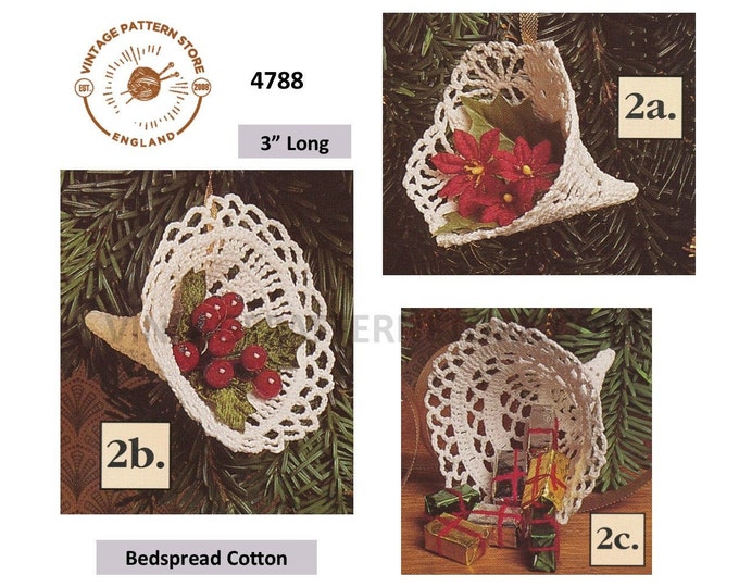 90s vintage crochet horn Christmas tree decoration ornament pdf crochet pattern 3 designs to make 3" long Instant PDF Download 4788