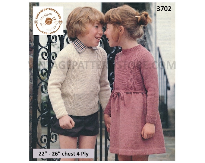 Toddlers Boys Girls 80s vintage round neck cable cabled raglan sweater jumper and dress pdf knitting pattern 22" to 26" Download 3702