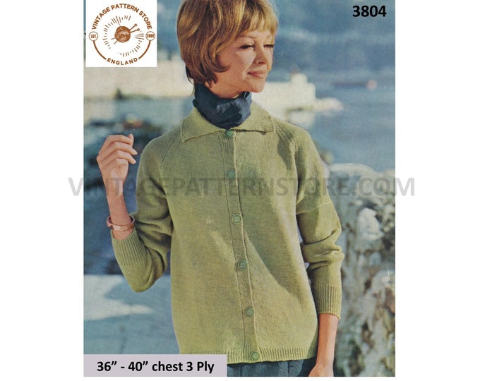 Ladies Womens 70s plain and simple easy to knit 3 ply round neck raglan cardigan jacket pdf knitting pattern 36" to 40" PDF download 3804