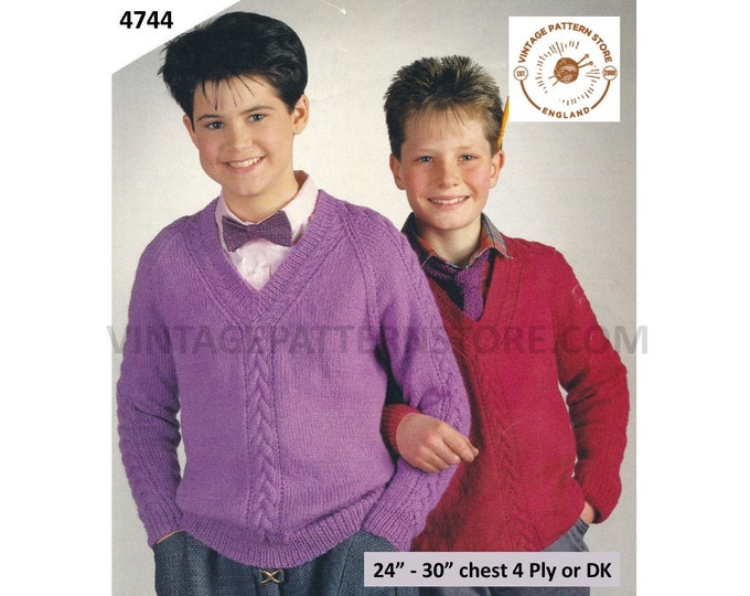 Girls Boys 90s V neck 4 ply or DK cable cabled raglan sweater jumper pullover pdf knitting pattern 24" to 30" Instant PDF Download 4744