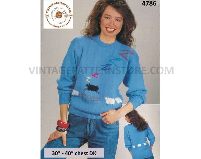 Ladies Womens 90s round neck sheep intarsia drop shoulder dolman sweater jumper pdf knitting pattern 30" to 40" Instant PDF Download 4786