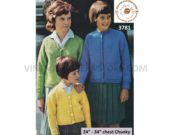 Girls 70s vintage plain and simple easy to knit chunky V or round neck raglan cardigan pdf knitting pattern 24" to 34" PDF download 3781