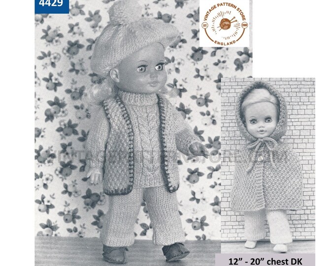 80s vintage 12" 14" 16" 18" 20" DK dolls clothes with trousers sweater waistcoat beret & cloak with hood pdf knitting pattern Download 4429