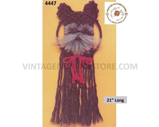 70s vintage macrame schnauzer dog wall hanging pdf macrame pattern 21" Long Instant PDF download 4447