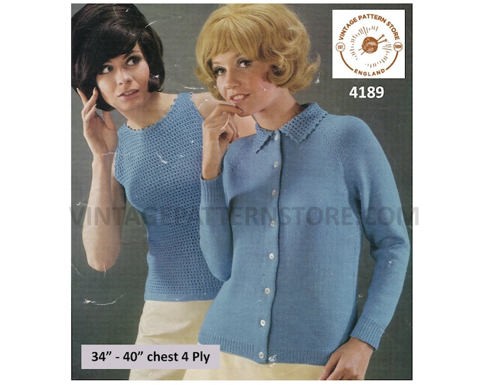 Ladies Womens 60s vintage 4 ply picot edge sleeveless slipover sweater vest & raglan cardigan pdf knitting pattern 34" to 40" Download 4189
