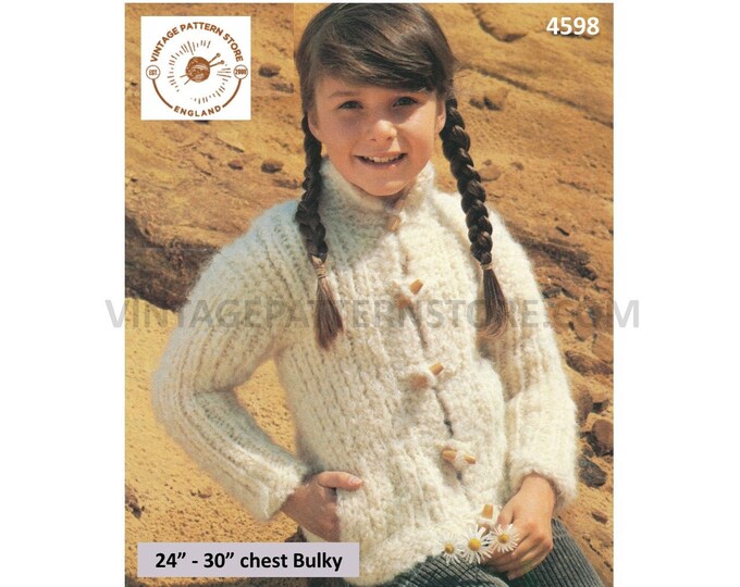 Girls 80s vintage quick fun simple and easy to knit bulky crew neck toggle tie raglan jacket pdf knitting pattern 24" to 30" Download 4598