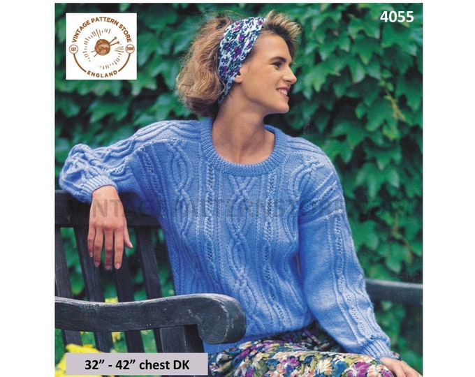 Ladies Womens 90s round neck drop shoulder cable cabled dolman DK sweater jumper pdf knitting pattern 32" to 42" Instant download 4055