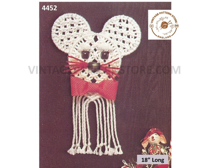 70s vintage macrame Christmas mouse in the house wall hanging decoration ornament pdf macrame pattern 18" long Instant PDF download 4452